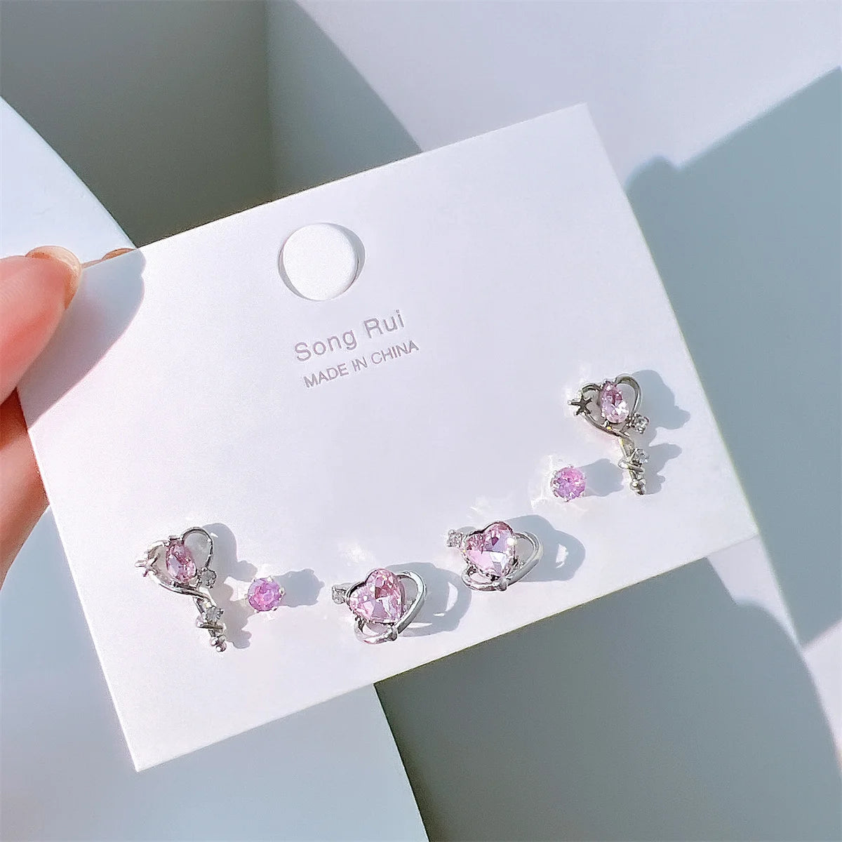 17KM INS Y2K Pink Heart Stud Earrings for Women Girls Korean Bow Dangle Earring Set Sweet Crystal Drop Earring Fashion Jewelry
