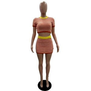 STYLISH LADY Striped Printed Knitted 2 Piece Set Women Short Sleeve Crop Top and Mini Skirt Suits 2025 Summer Sexy Club Outfits