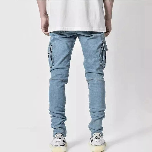 Men Street Elastic Denim Wash Solid Color Multi Pockets Cargo Pants Casual Slim Fit Daily Wear Joggers Mid Waist Trousers