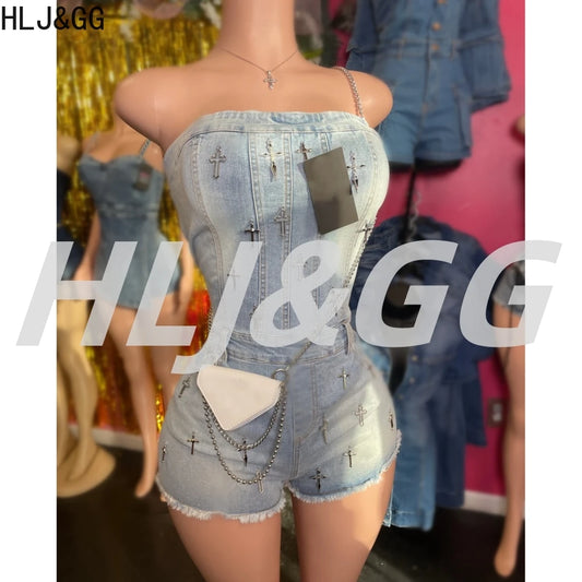 HLJ&GG Blue Fashion jeans Cross Design Bodycon One Piece Rompers Women Off Shoulder Sleeveless Backless Slim Cowboy Jumpsuits