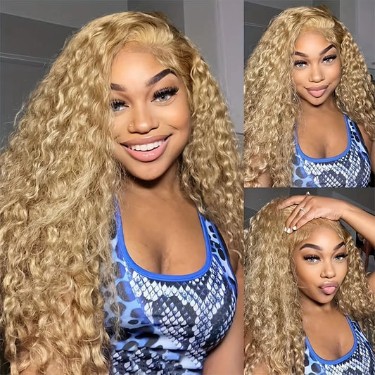 #27 Honey Blonde Human Hair Wig Deep Wave 13x4 13x6 hd Lace Frontal Wig Pre Plucked 30 inch Blonde Curly Lace Front Wig