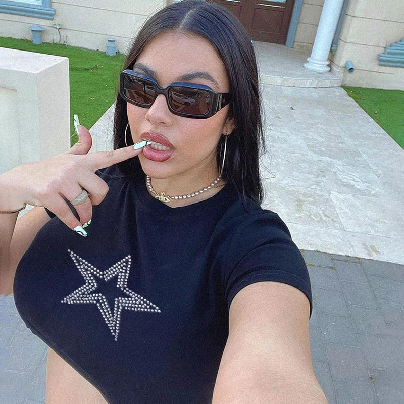 Rhinestones Stars Print Women Vintage Harajuku Short Tops Grunge Slim T Shirts Goth Baby Tees E-girl 2000s Crop Tops Y2K Clothes