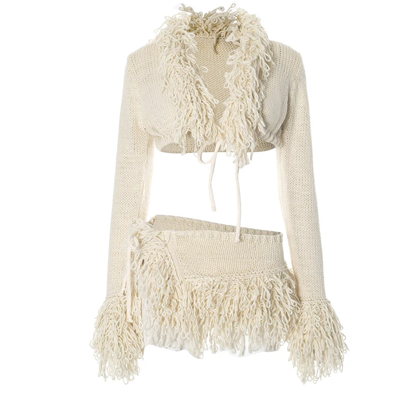 Weird Puss Crochet Tassel 2 Piece Set Women Lace-Up Cardigan Full Sleeve Crop Tops+Irregular Slits Mini Skirt Sexy Hipster Suit