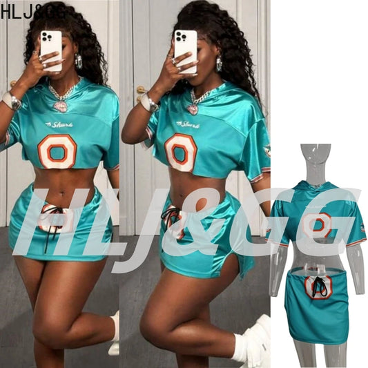 HLJ&GG Fashion Trend Y2K Letter Print Two Piece Sets Women Round Neck Short Sleeve Crop Top And Mini Skirts Outfits Streetwear