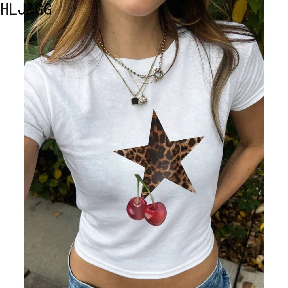 HLJ&GG Y2K Summer New Leopard Print Two Piece Ssets Women O Neck Short Sleeve Tshirts And Bow Shorts Outfits Fashion Streetwear