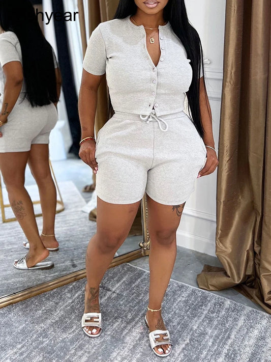 Casual Shirt Coats Tops and Shorts Two Piece Sets Fashion Short Sleeve Sports Streetwear Women Rib Hot Pants Outfits Sweat Suits