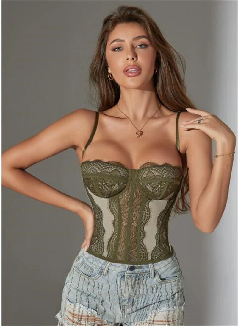 Sexy Lace Mesh Spaghetti Strap Open Back Boned Corset Women Summer Slim Lingerie Bodyshaper Bustier Camisole Halter Vest