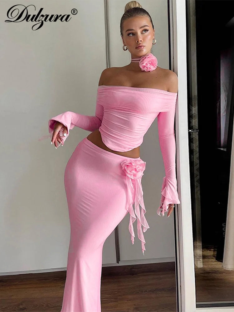 Dulzura Matching Suit Neck Accessories 3D Flower Off Shoulder Long Trumpet Sleeves Crop Top Tassel Maxi Skirt 2024 Autumn Women