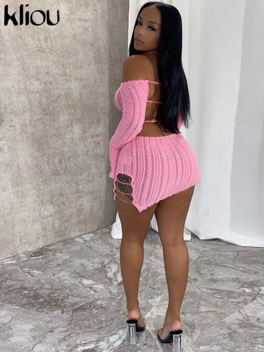 kliou Stunning Autumn Mini Dress ladies Sexy Solid Backless Slash Neck Long Sleeve Ruched Slim Robe Street Party Vestidos