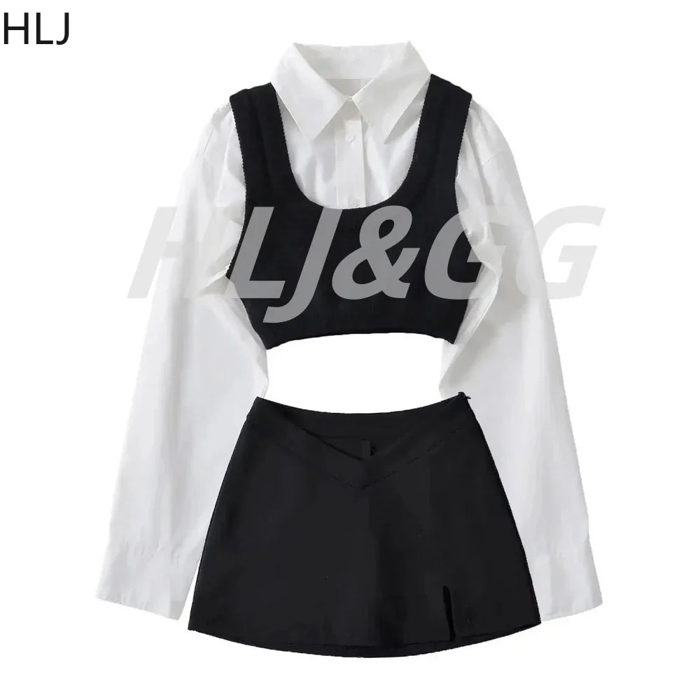 HLJ&GG Autumn Knit Vest Shirts Two Piece Sets Women Lapel Button Long Sleeve Top And Mini Skirts Outfits Fashion Retro 2pcs Suit