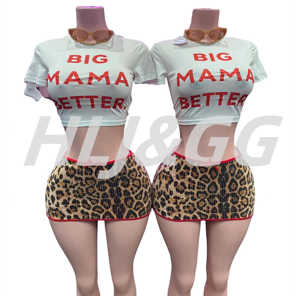 HLJ&GG Fashion Y2K Sequin Leopard Mini Skirts Two Piece Sets Women O Neck Short Sleeve Slim Croptop And Skirts Outfit Streetwear