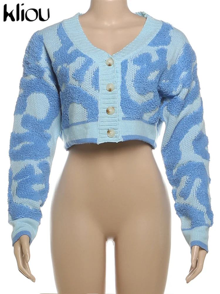 Kliou Knit Coats ladies Autumn New Full Sleeve Breasted Buttons V-neck Ruched Sweather Outwear Bare Midriff Street Tops