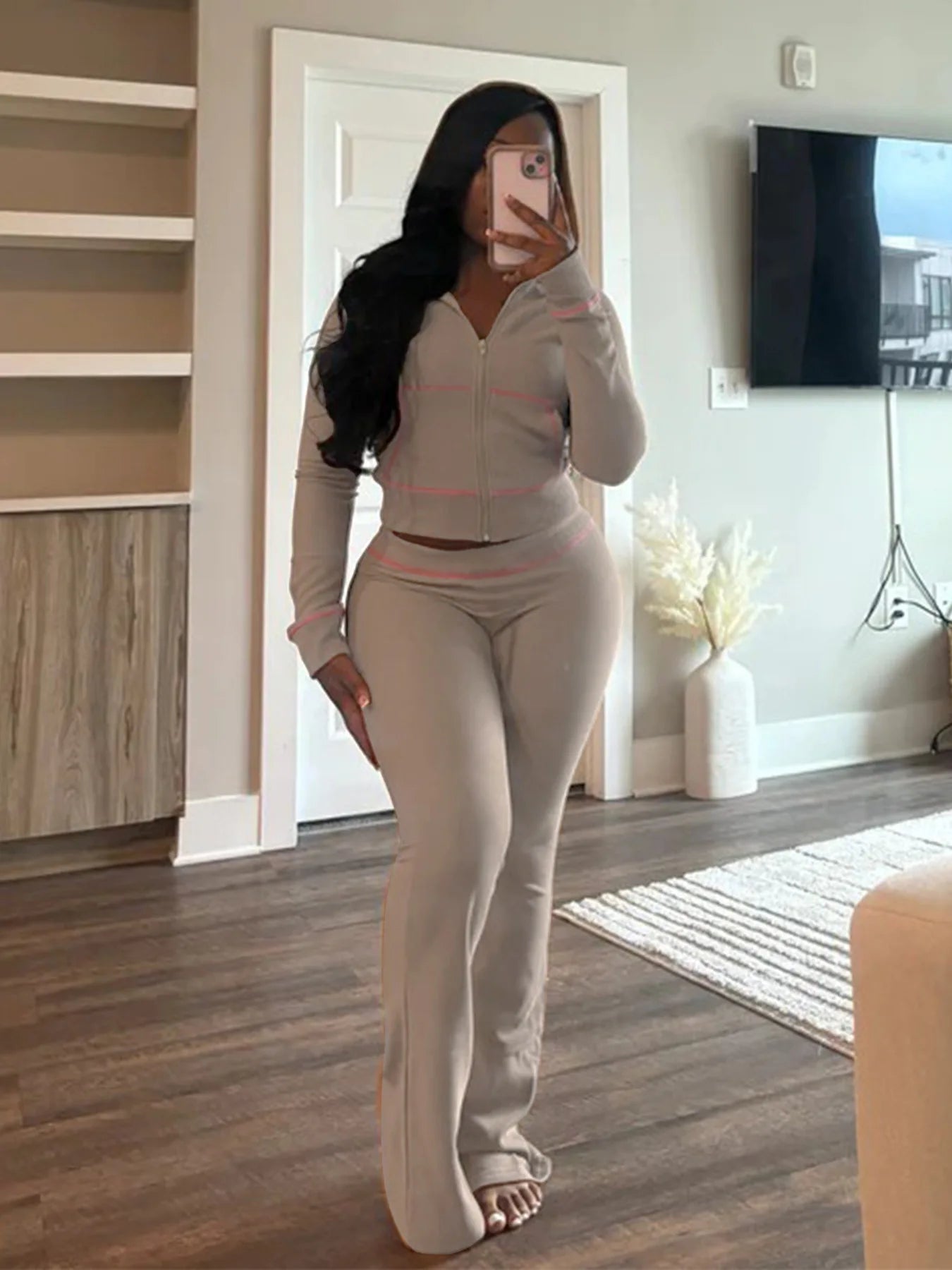 HLJ&GG Spring New Waffle Flare Pants Two Piece Sets Women Zip Hooded Long Sleeve Top + Pants Outfits Casual Sporty 2pcs Clothing