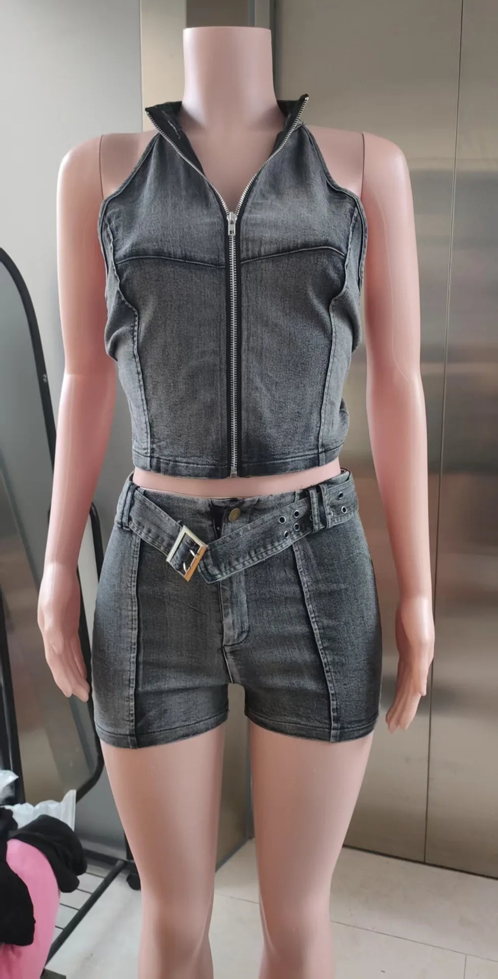 Weird Puss Distressed Style jeans 2 Piece Set Women Zipper Cardigan Sleeveless Crop Top+Skinny Shorts Hottie Street Hipster Suit