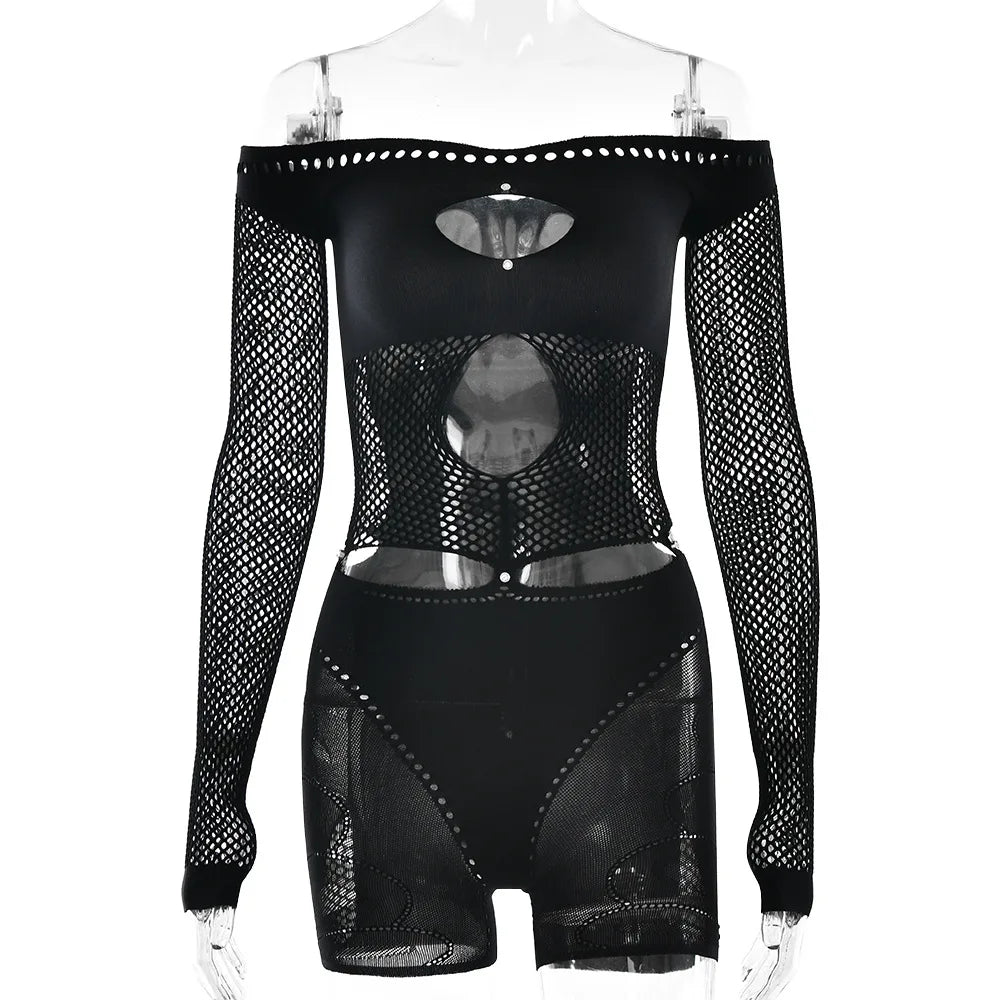 HLJ&GG Sexy Lace Hollow See Though Two Piece Sets Women V Neck Spaghetti Strap Slim Crop Top + Shorts Outfits Fashion Streetwear