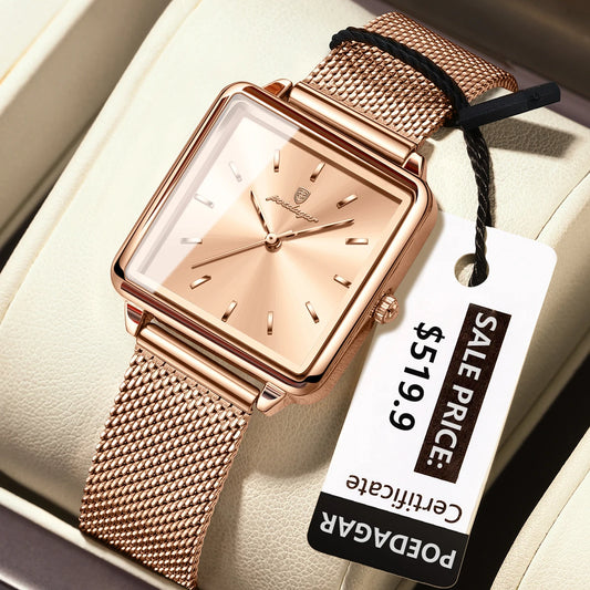 POEDAGAR Fashion Ladies Watch Waterproof Square Elegant Watch, Mesh Stainless Steel Quartz, lady's Watches, Reloj