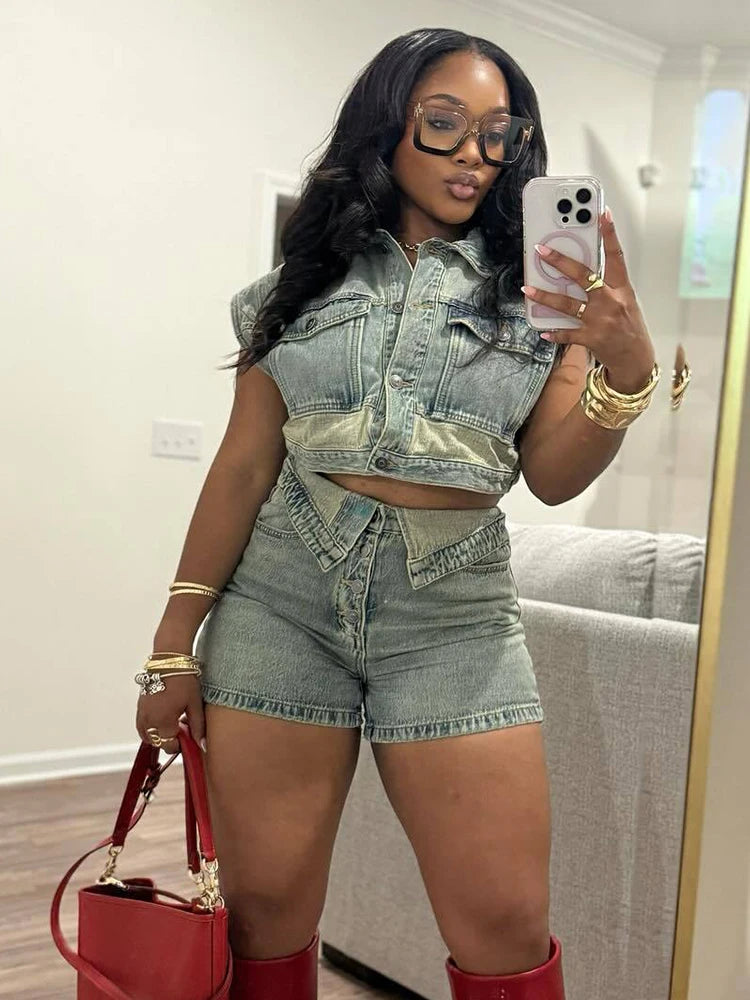 Weird Puss Patchwork Women 2 Piece Set Frock Tracksuit Single-Breasted Pocket Tank Tops+Lapel Short Matching Streetwear Outfits