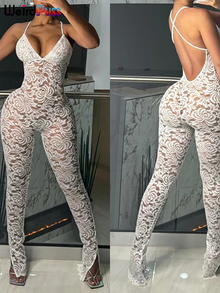 Weird Puss Cross Backless Jumpsuit Women Sexy See Thorough v-Neck Sleeveless Summer Coquette Stretch Activity Workout Overalls