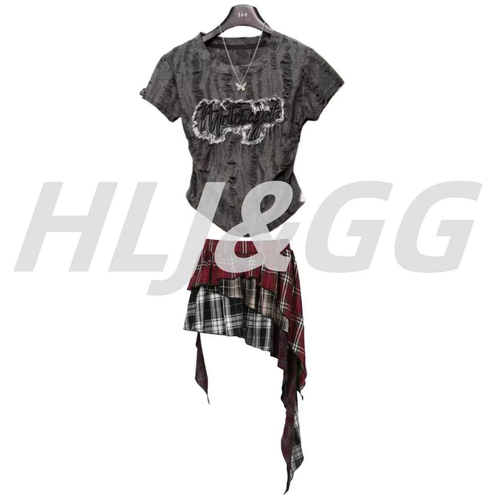 HLJ&GG Fashion Plaid Printing Irregular Mini Skirts Two Piece Sets Women O Neck Short Sleeve Top And Skirts Outfits Streetwear
