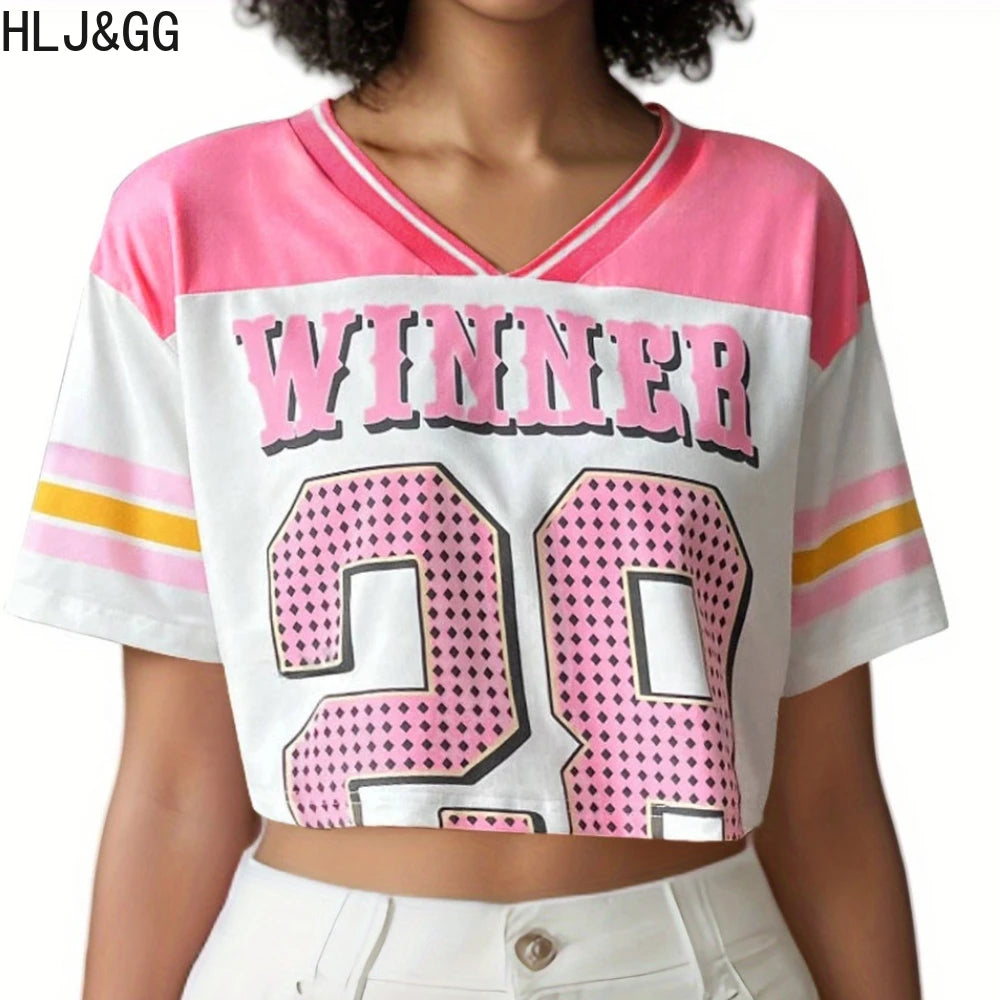 HLJ&GG Summer New Y2K Letter Print Two Piece Sets Women V Neck Short Sleeve Crop Top And Ruffle Skirts Shorts Outfits Streetwear