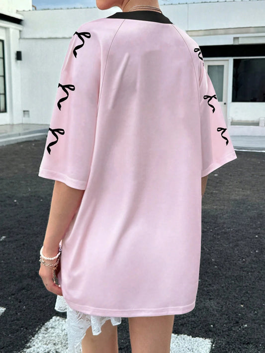 Oversized T-shirt For Women V-Neck Short Sleeve 2025 Summer Pink Patchwork Print Streetwear Tops Casual Football Jersey Y2k Tees