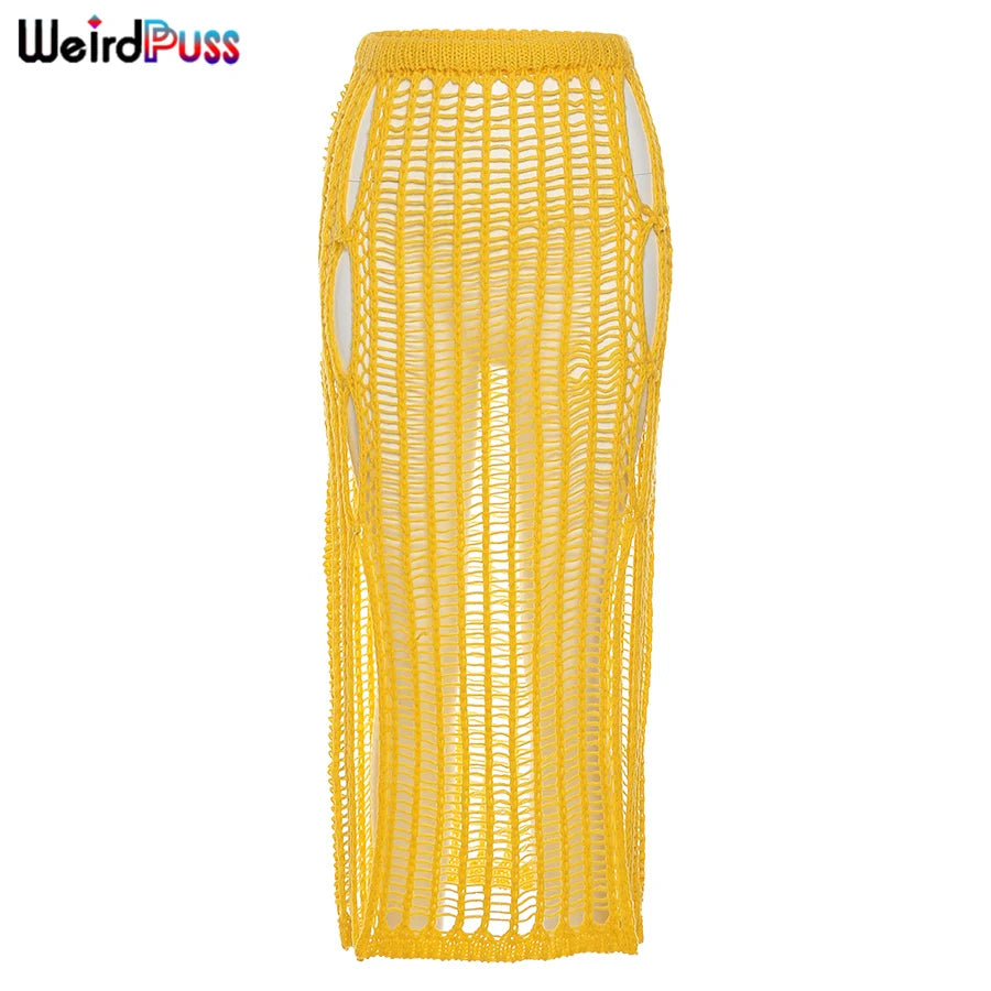 Weird Puss Summer Knit Sexy Long Skirt Women Crochet Elastic See-Through Hollow Out Grid Party Wild Streetwear Solid Bottoms