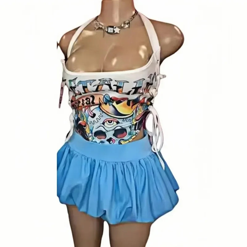 HLJ&GG Sweet Lace Sheer Ruched Two Piece Sets Women Round Neck Sleeveless Top And Skirts Shorts Outfits Fashion 2pcs Streetwear