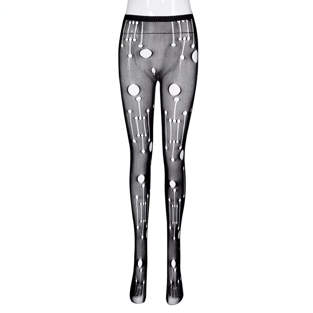 HLJ&GG Black Sexy Deep V Letter Print Bodysuits Women Zipper Long Sleeve Stretchy Bodycon Romper + Mesh Skinny Socks Outfits New