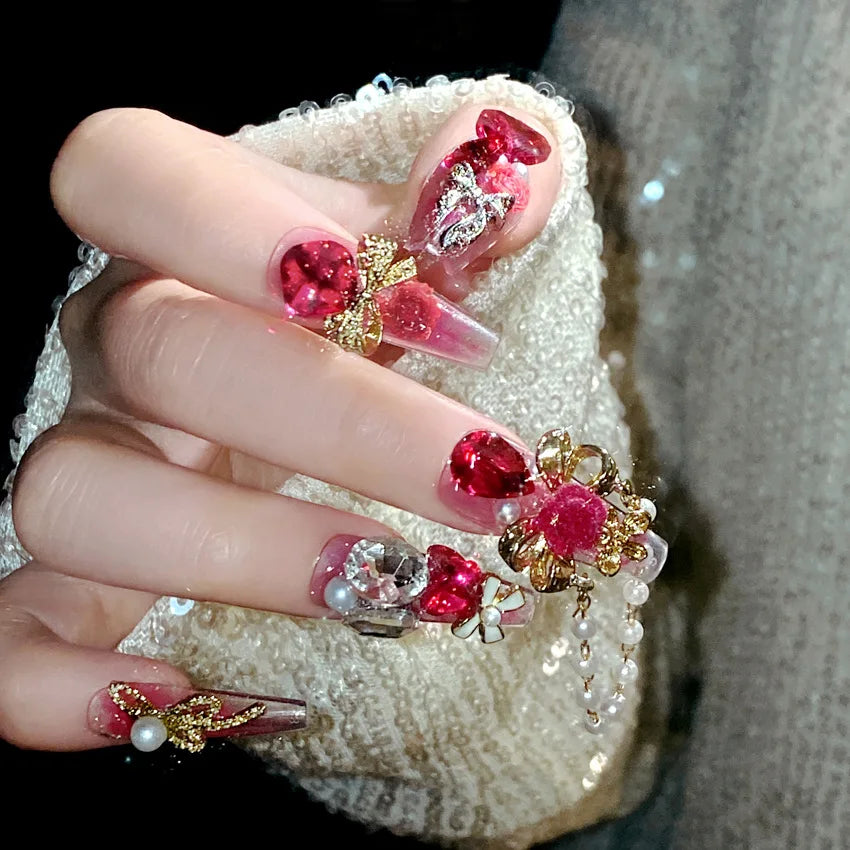 24pcs Heavy Metal Red Crystal Design False Nails 3D Gold Bow Pearl Decor Bride Fake Nail tips Full Cover Diamond Press on nails