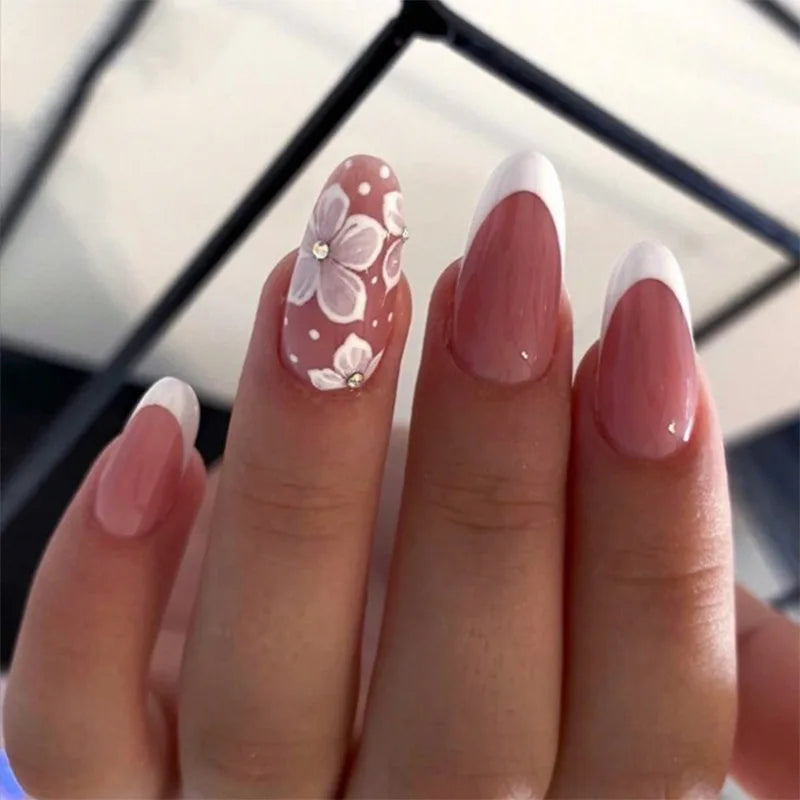 24pcs Short French Press on Nails with 3D Flower Design Fake Nail Tips Wearable Full Cover European Coffin Ballet Fake Nails