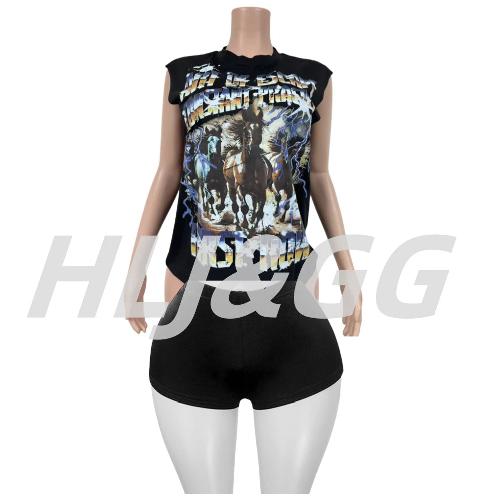 HLJ&GG Fashion Street Letter Print Tshirts Two Piece Sets Women O Neck Sleeveless Top And Shorts Outfits Y2K Female Streetwear