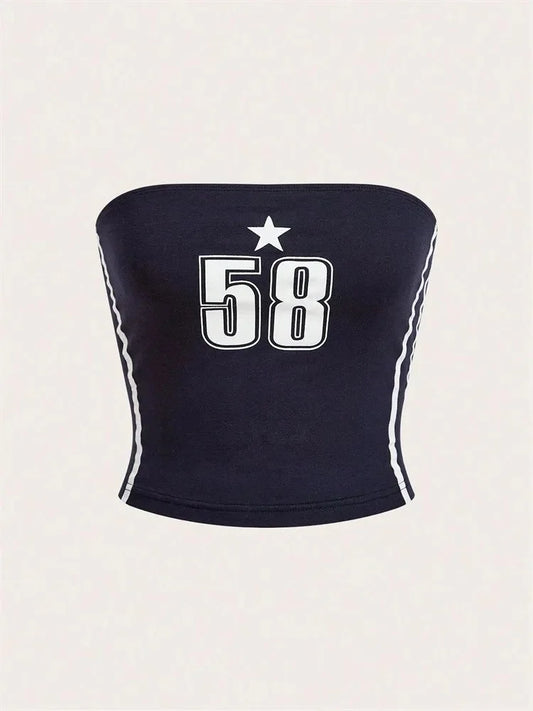 Women's Letter and Star Print Tube Top Summer Y2k Clothes Off the Shoulder Backless Cropped Top Streetwear
