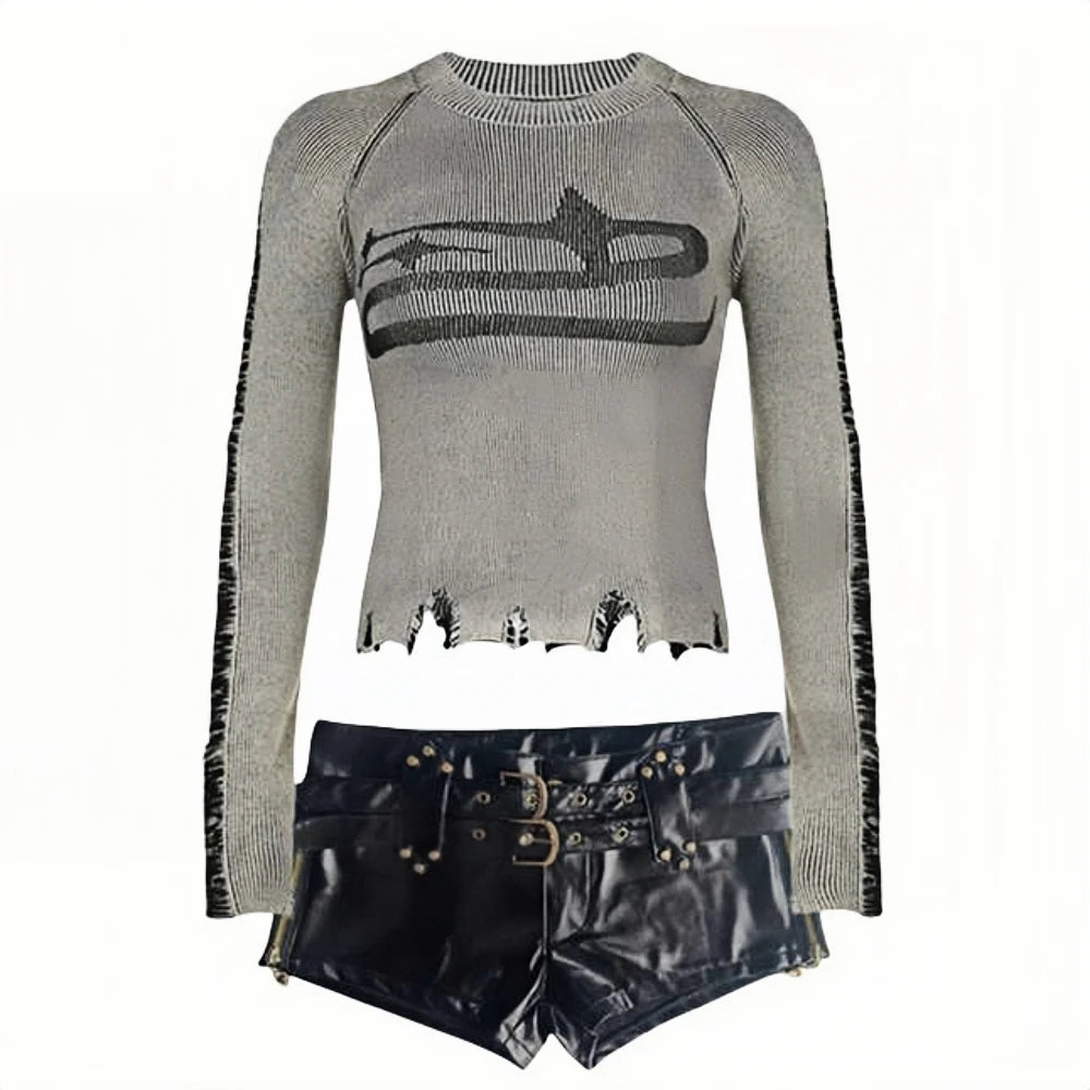 HLJ&GG American Vintage Style Women Knitting Print Long Sleeve Slim Top And Mini Pleated Skirts Outfits Fashion Y2K 2pcs Clothes