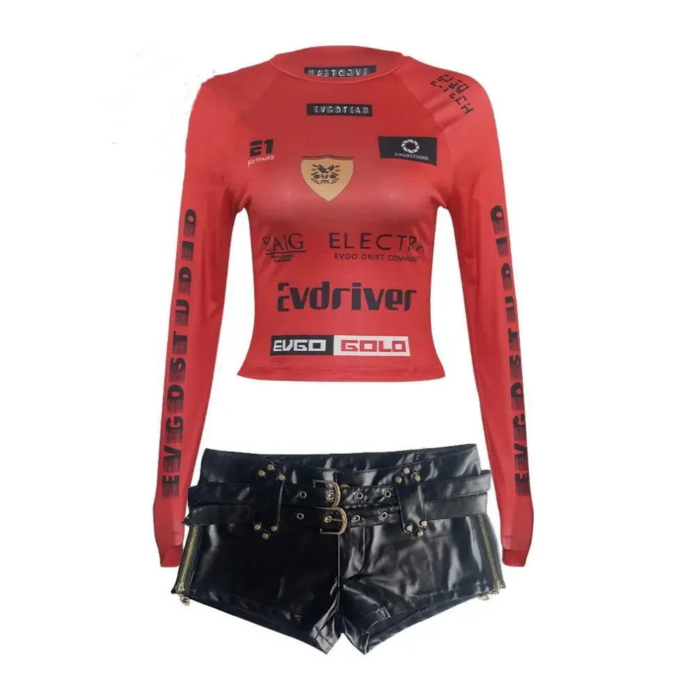 HLJ&GG Y2K Hot Girl Fashion Streetwear Women Letter Print O Neck Long Sleeve Slim Crop Top+Low waist Belt Leather Shorts Outfits