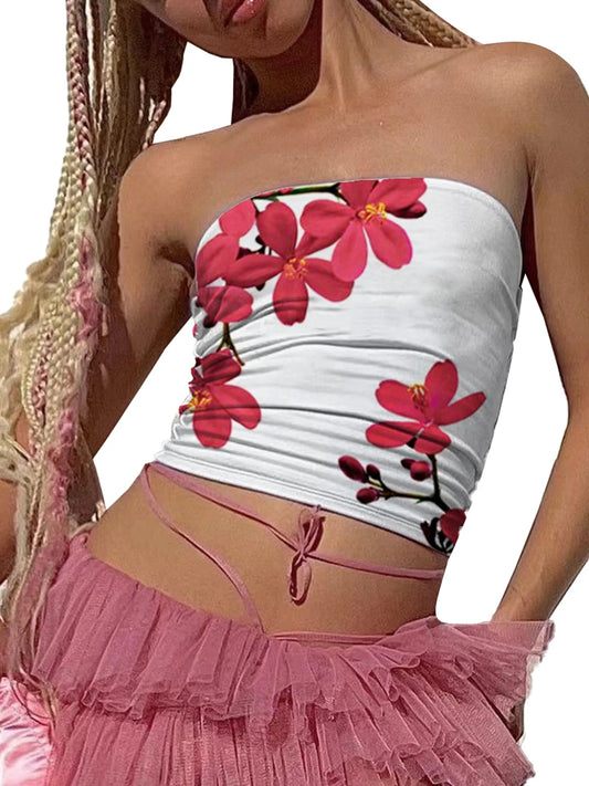 Women s Floral Print Tube Tops Summer Strapless Bandeau Tops Fit Shirts Streetwear