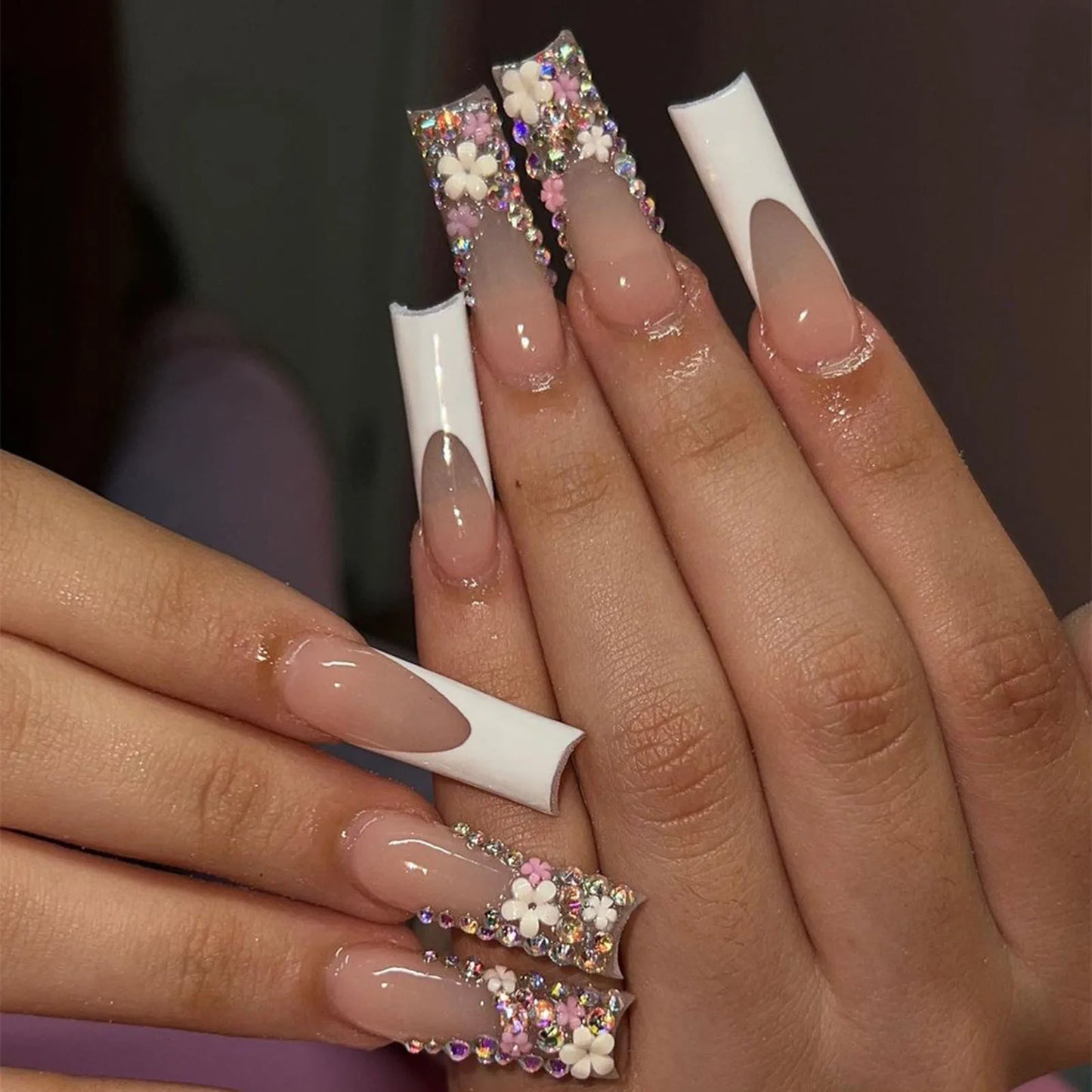 24pcs Long Ballet French Press on Nails with Cute Pink Bow Shiny Diamond Decor False Nail Tips Wearable Sweet Korean Fake Nails