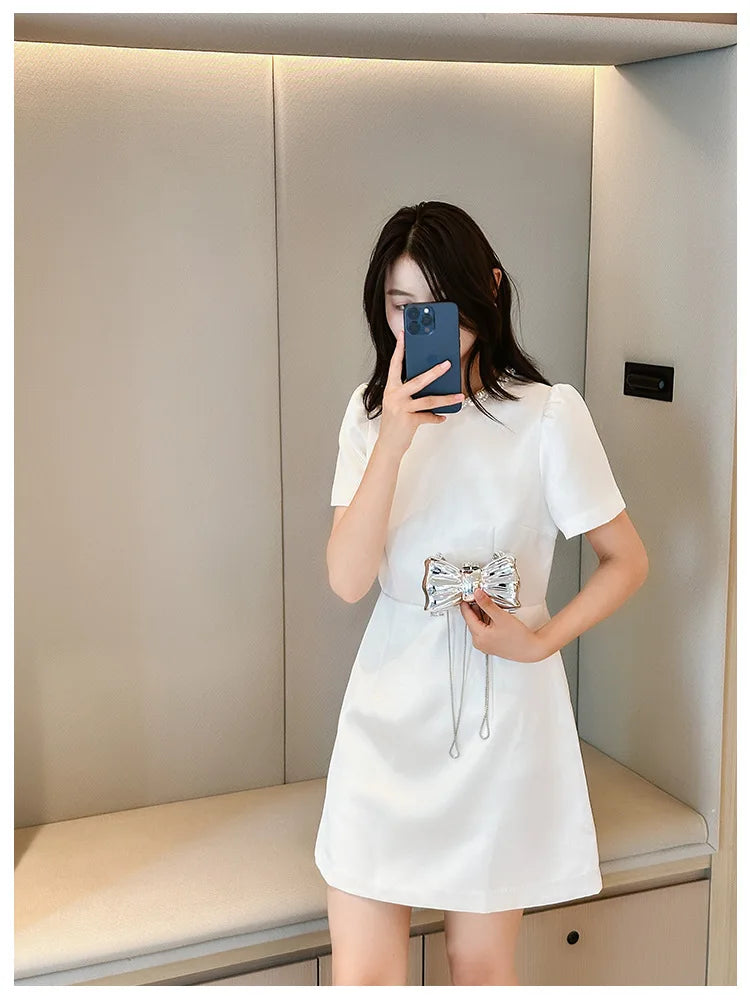 New Mini Evening Bag Metal Purse Crossbody Handbag for Girls Kid Women Bowknot Chain Shoulder Bag for Party Wedding