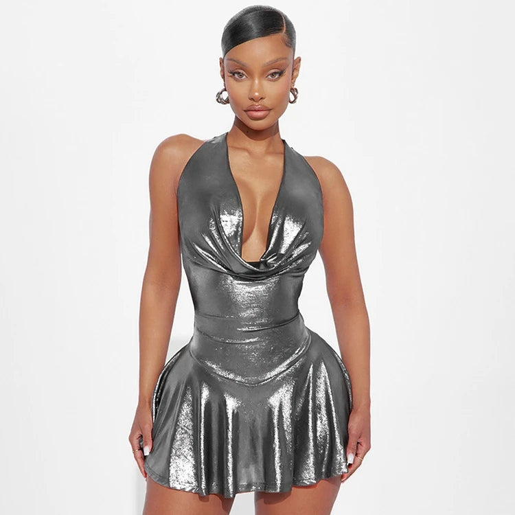 STYLISH LADY Shiny Metallic Pleated Dress 2025 Summer Women Halter Backless Luxury Silver Gold Club Party Evening Mini Dresses