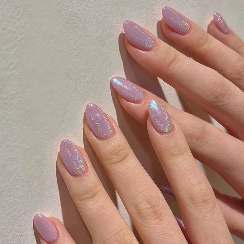 24pcs Aurora Stiletto False Nail Tips Glitter Gradient Color Fake Nails Wearable Full Cover Pointed Head Acrylic Nail Tips