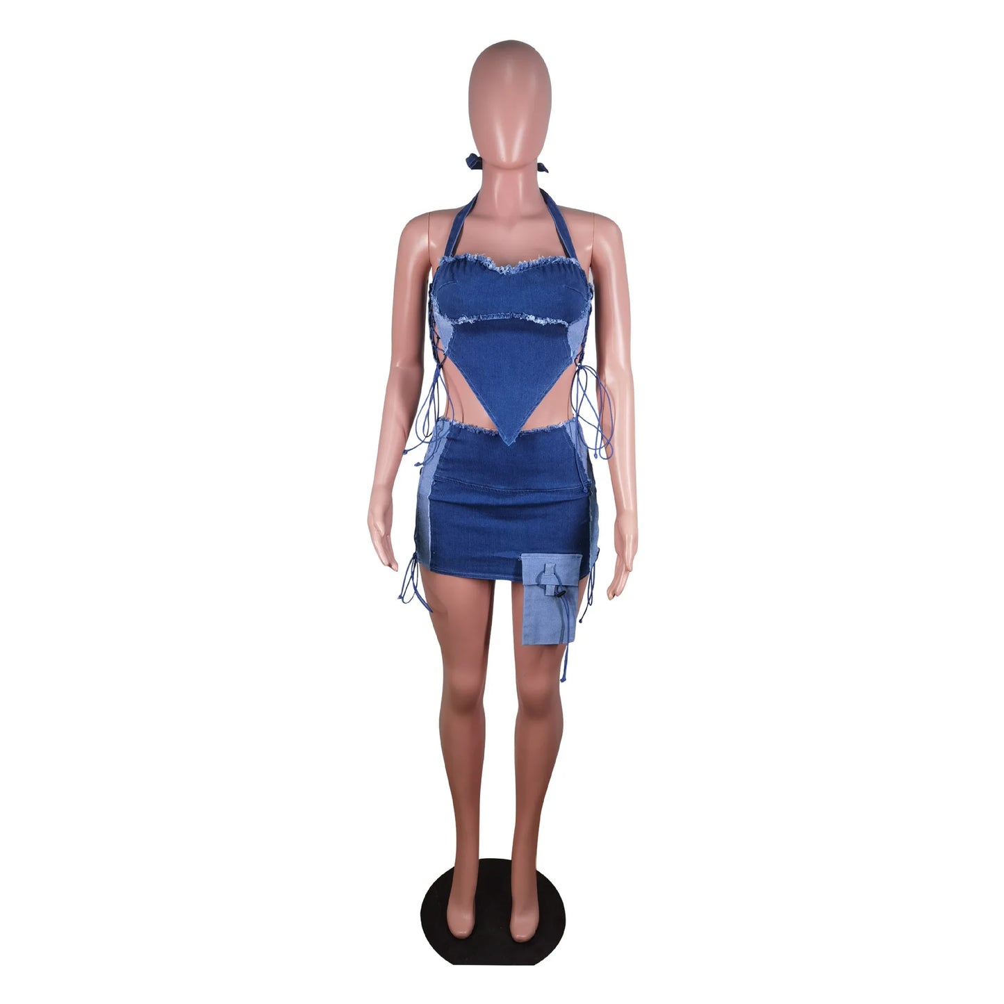 Weird Puss Hollow Bandage jeans 2 Piece Set Women Irregular Halter Zipper Sleeveless Crop Tops+Distressed Patchwork Skirts Suit