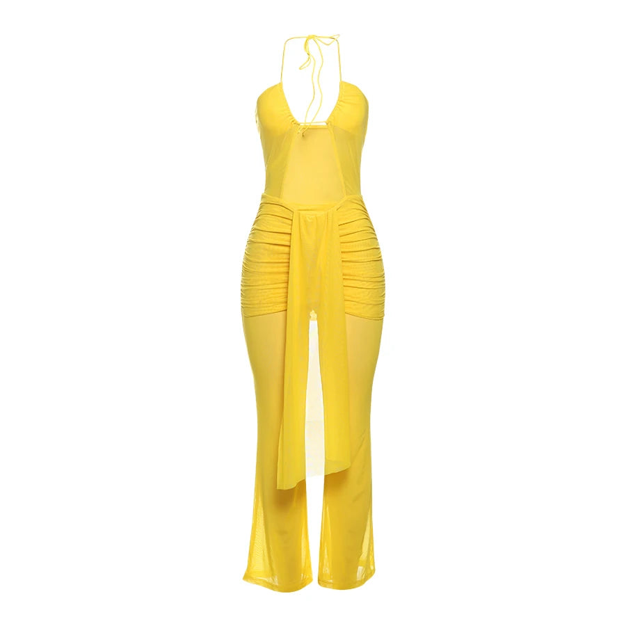 Weird Puss Backless Ruched Jumpsuit Women See Through Sexy Halter Ribbon Hollow Hipster Skinny Summer Clubwear Midnight Overalls