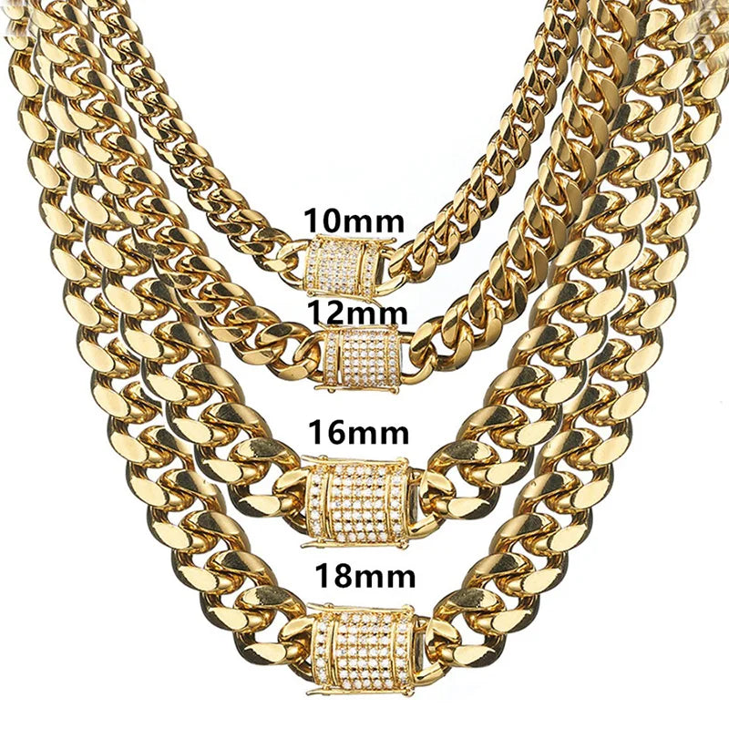 6-18mm wide Stainless Steel Cuban Miami Chains Necklaces CZ Zircon Box Lock Big Heavy Link Chain for Men Hip Hop Rapper jewelry
