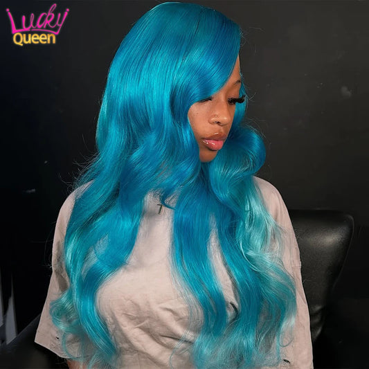 Ocean Blue Pre Plucked 613 Colorful Wigs 180Density Body Wave Light Blue Human Hair Transparent 13X4 13X6 Lace Frontal For Women