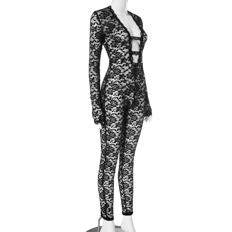 Weird Puss Sexy Jacquard Jumpsuit Women Sexy Mesh Patchwork Low-Neck Hollow Full Sleeve Skinny Midnight Party Clubwear Overalls