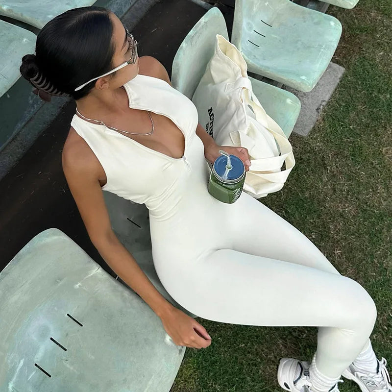 European American Sports Yoga Women's Solid Color Splicing Zipper Hollow Out Backless Tight Fitting Sleeveless Jumpsuit Pants