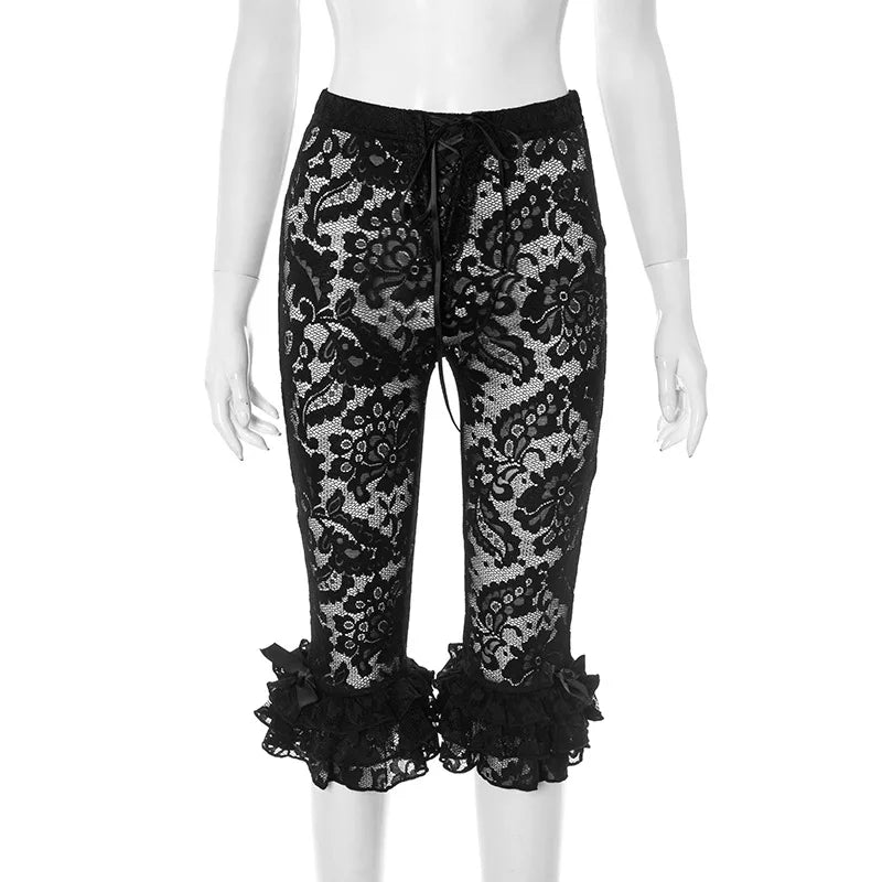 HLJ&GG Y2K Fashion Lace Bandage Hollow Out Two Piece Sets Women Off Shoulder Short Sleeve Slim Crop Top And Ruffle Shorts Outfit