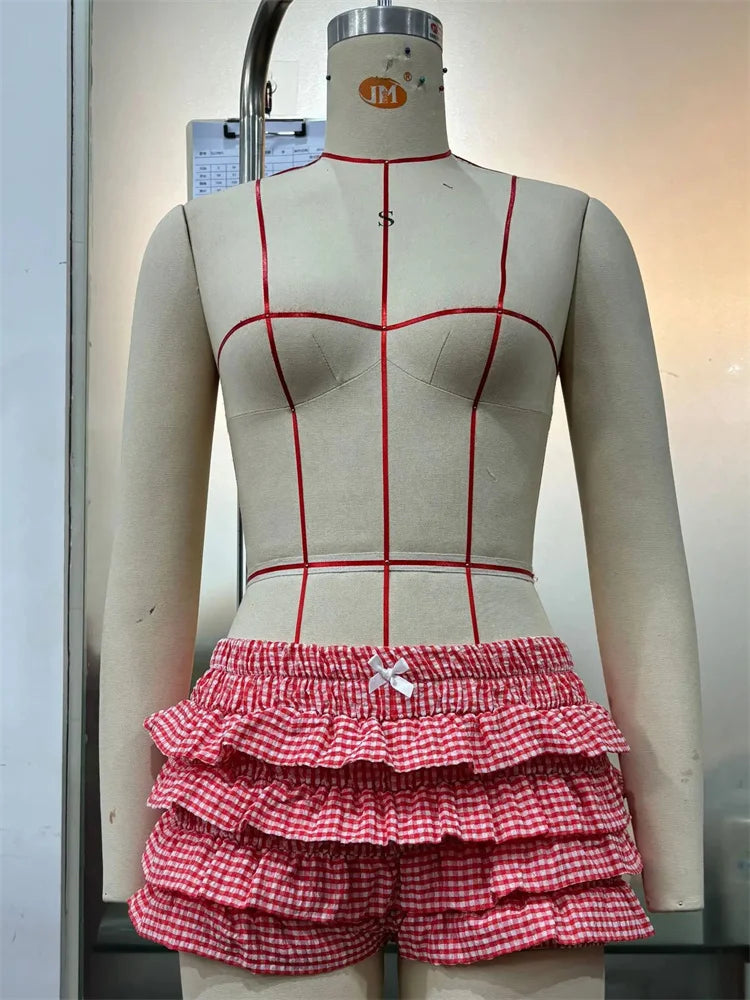 Weird Puss Y2K Tierred Shorts Women Summer Low-waist Plaid Sweet Cake Style Skinny Culotes Street Hottie Trend Party Clubwear