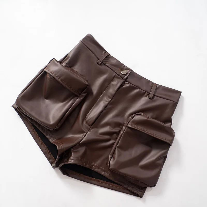 HLJ&GG Brown Y2K Fashion Leather Cargo Shorts Two Piece Sets Women Off Shoulder Zip Slim Crop Top And Shorts Outfits Streetwear