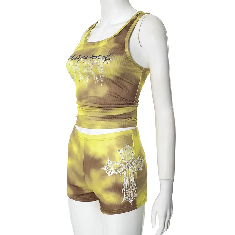 Weird Puss Rhinestones Letter 2 Piece Set Women Tracksuit Casual Ribbed Tank Tops+Bike Shorts Matching Skinny Street Outfits