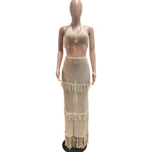 STYLISH LADY Tassel Crochet 2 Piece Set Women Halter Backless Crop Top and Maxi Skirts Suits 2025 Summer Sexy Beach Outfits
